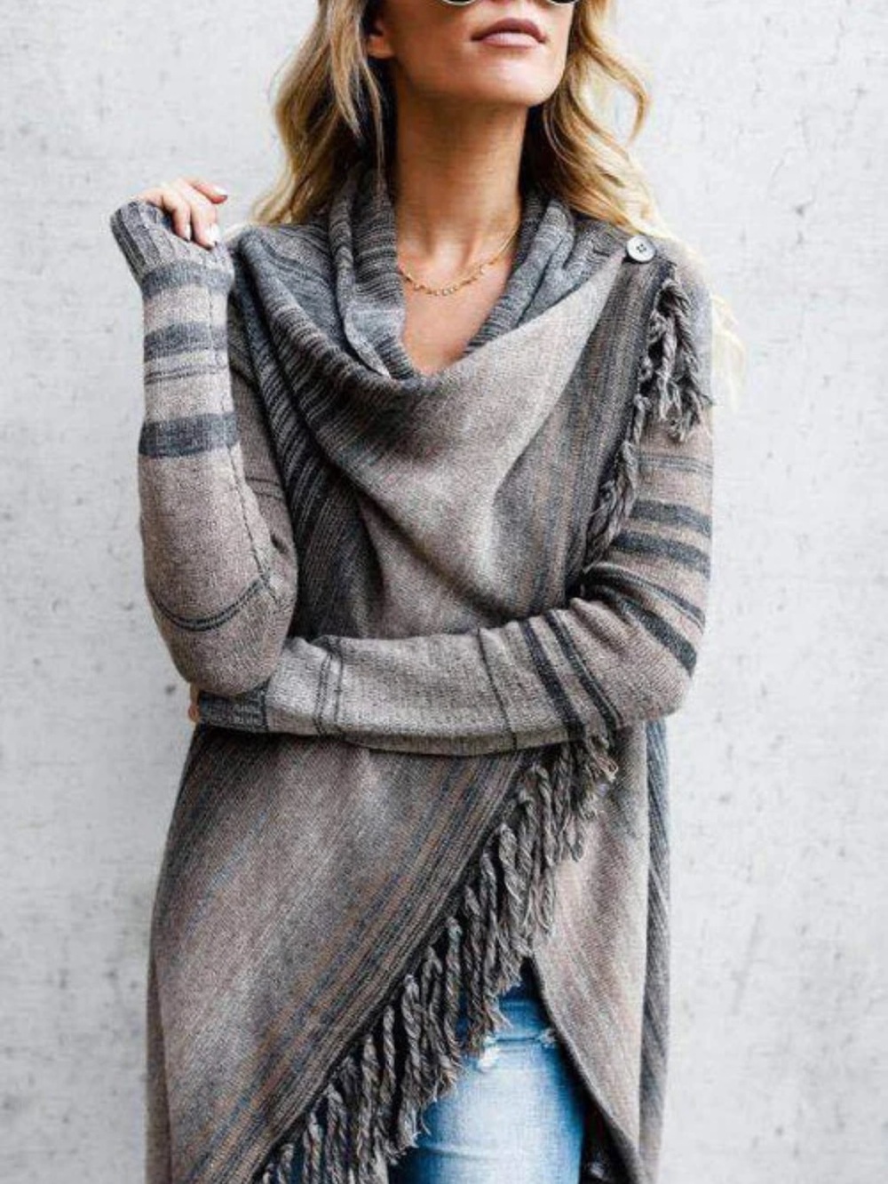 Women’s Gray Fringe Wrap Sweater